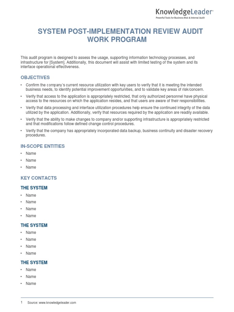 System Post-Implementation Audit Plan | PDF | Business Continuity | Audit