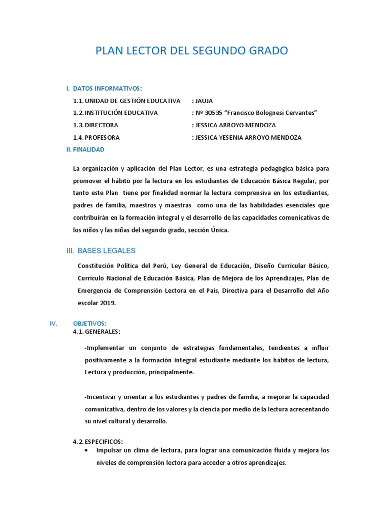 Plan Lector para Segundo Grado | PDF | Educación primaria ...