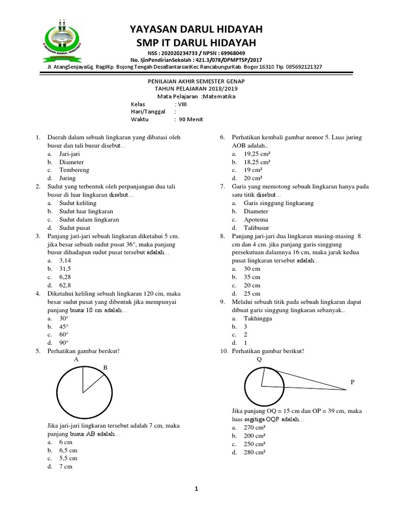Soal Mtk Kelas Viii Smp It Darul Hidayah Docx