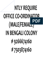 Urgently Require Office Co-Ordinator (Male/Female) in Bengali Colony # 9266674160 # 7503874160