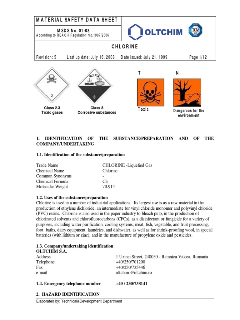 MSDS Cl2 PDF Respiratory System Chlorine