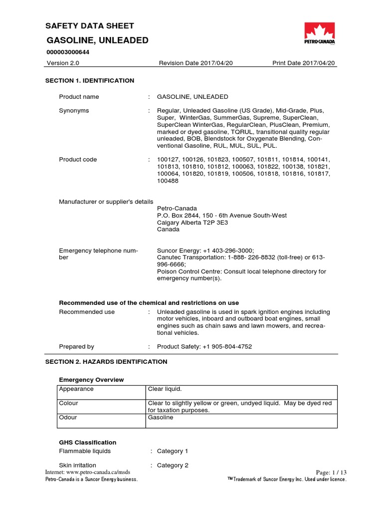 Unleaded Gasoline Safety Data Sheet | PDF | Toxicity | Gasoline