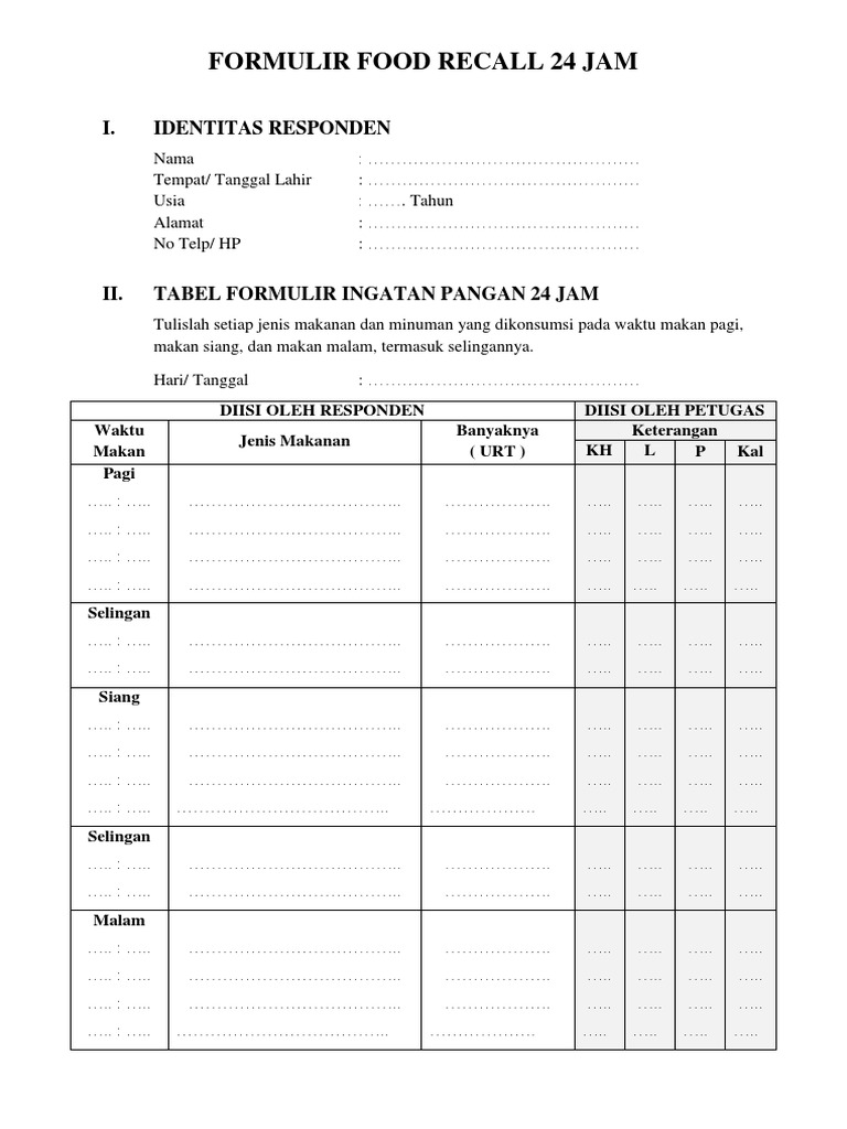 25133-Formulir Food Recall 24 Jam | PDF