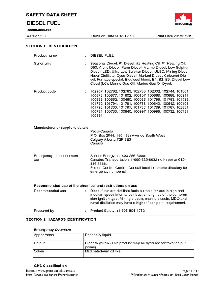 SDS For Diesel PDF Toxicity Diesel Fuel