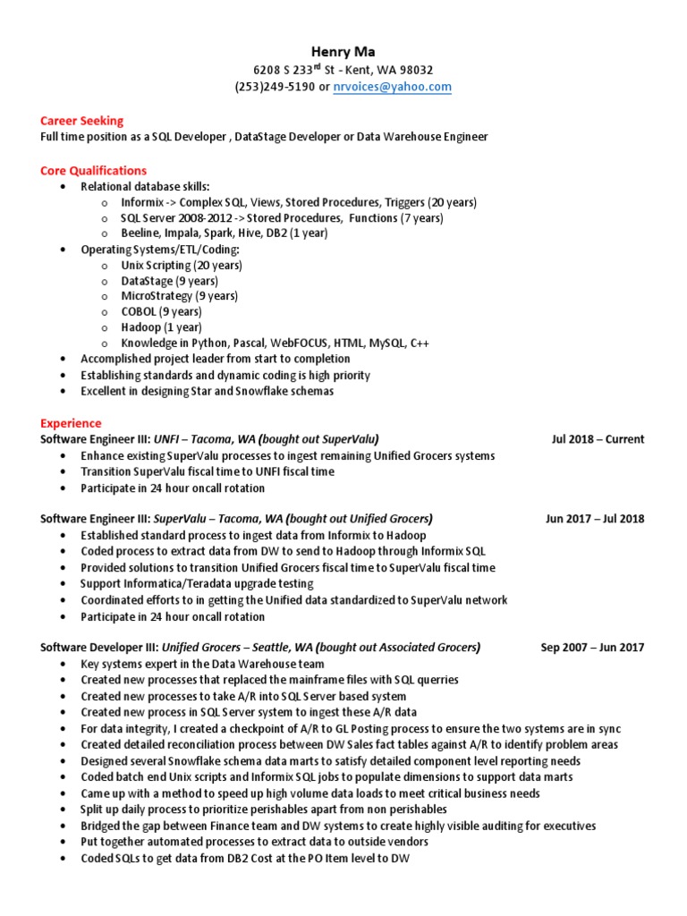SQL Developer & Data Engineer Resume | PDF | Sql | Ibm Db2