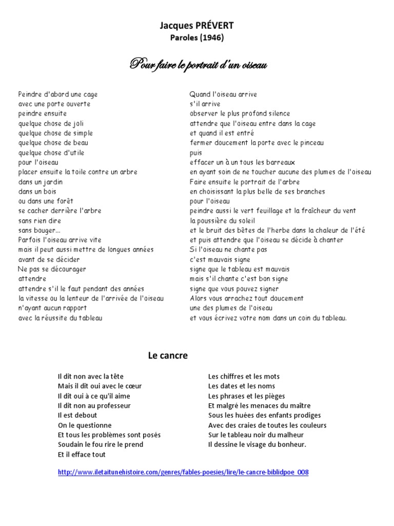 Pour Faire Le Portrait D Un Oiseau Jacques Prevert