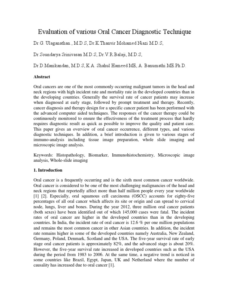 Evaluation of Various Oral Cancer Diagnostic Technique | PDF | Biopsy ...