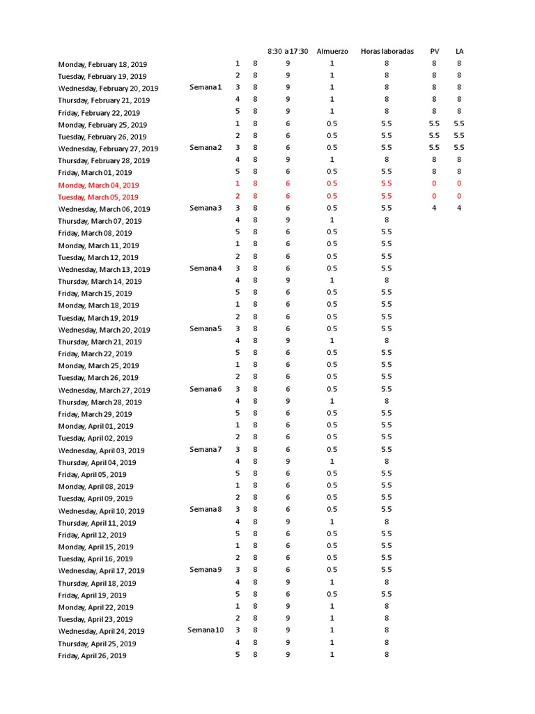 Weekly Work Hours Log 2019 | PDF