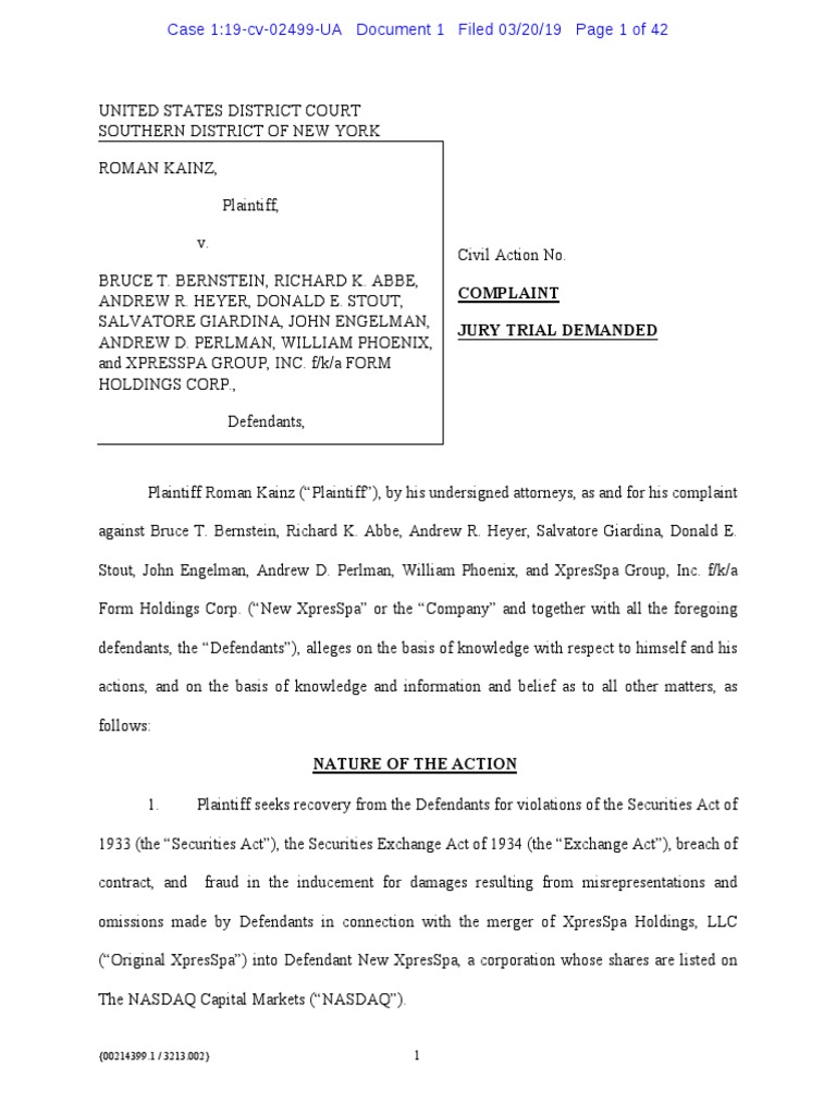 Roman Kainz Vs Richard Abbe, Bruce Bernstein, Form Holidngs. XSPA