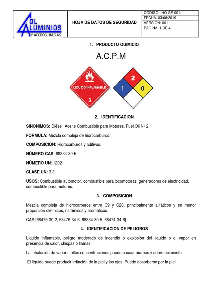 Hoja de Seguridad del ACPM 2024 | PDF | Combustión | Carbón