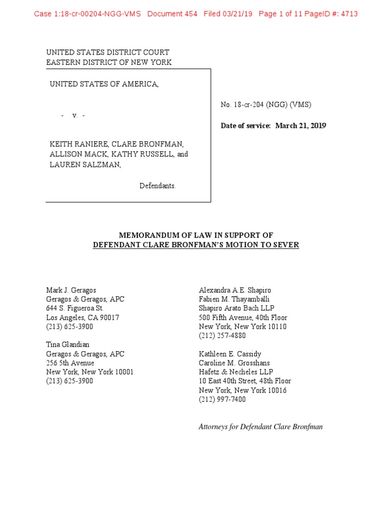 Nxivm Document454 Motion to Sever Criminal Justice Crime & Justice