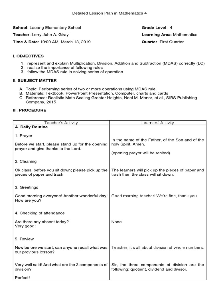 Detailed Lesson Plan in Mathematics 5 (For Ranking) | PDF | Division ...