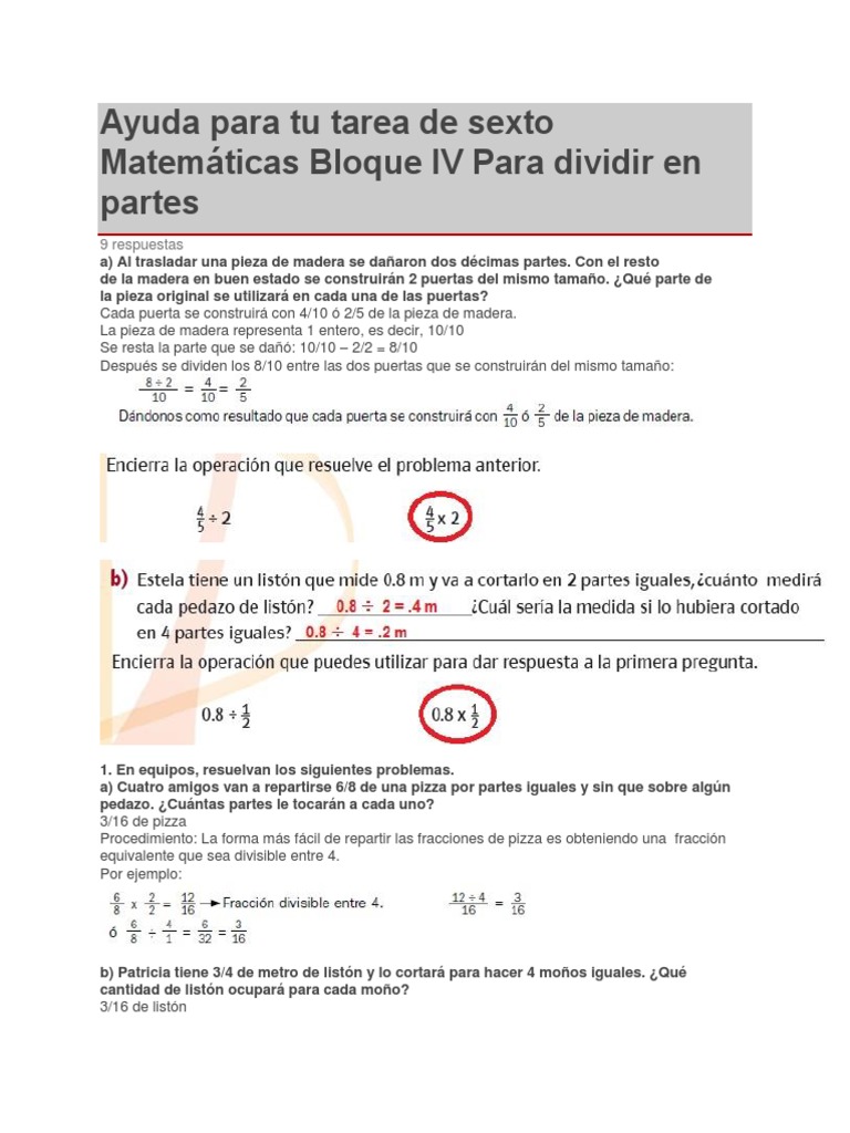 Ayuda para Tu Tarea de Sexto Matemáticas Bloque IV para Dividir en Partes  Ok | PDF | Fracción (Matemáticas) | Enseñanza de matemática