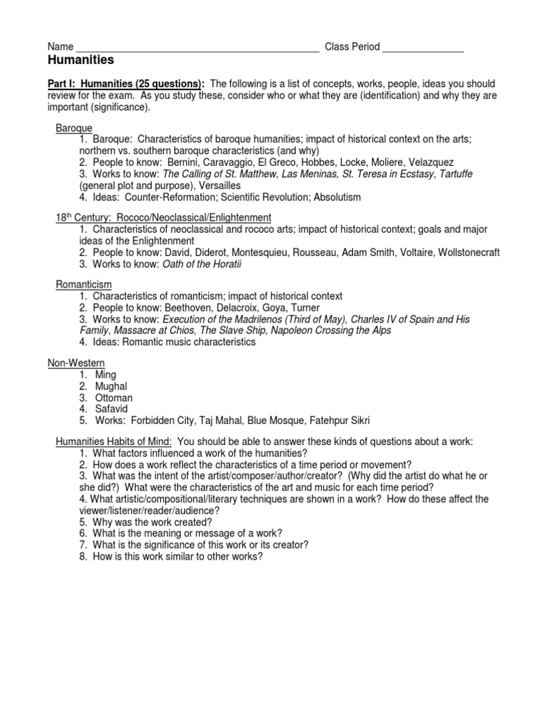 Humanities: Part I: Humanities (25 Questions) : The Following Is A List ...