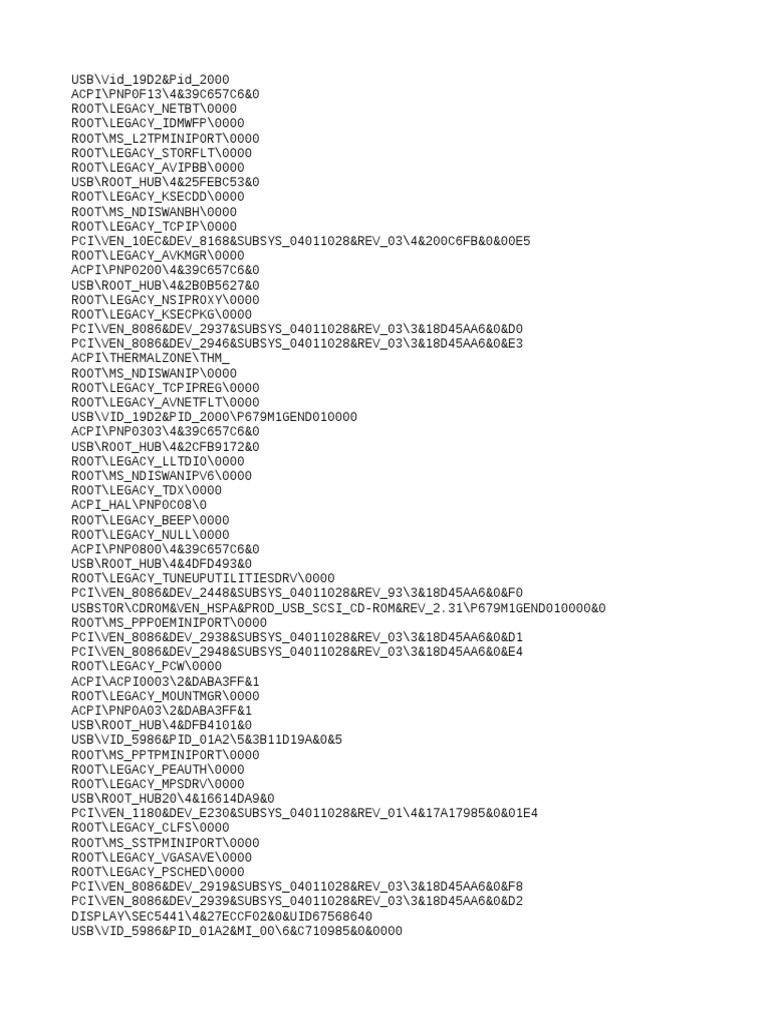 Device drivers and hardware components detected on a Windows system