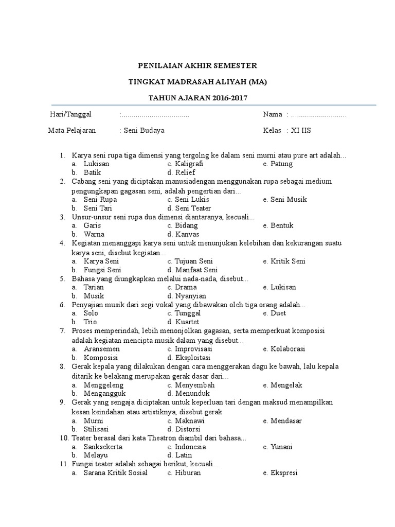Soal Pas Seni Budaya Kelas Xi Docx