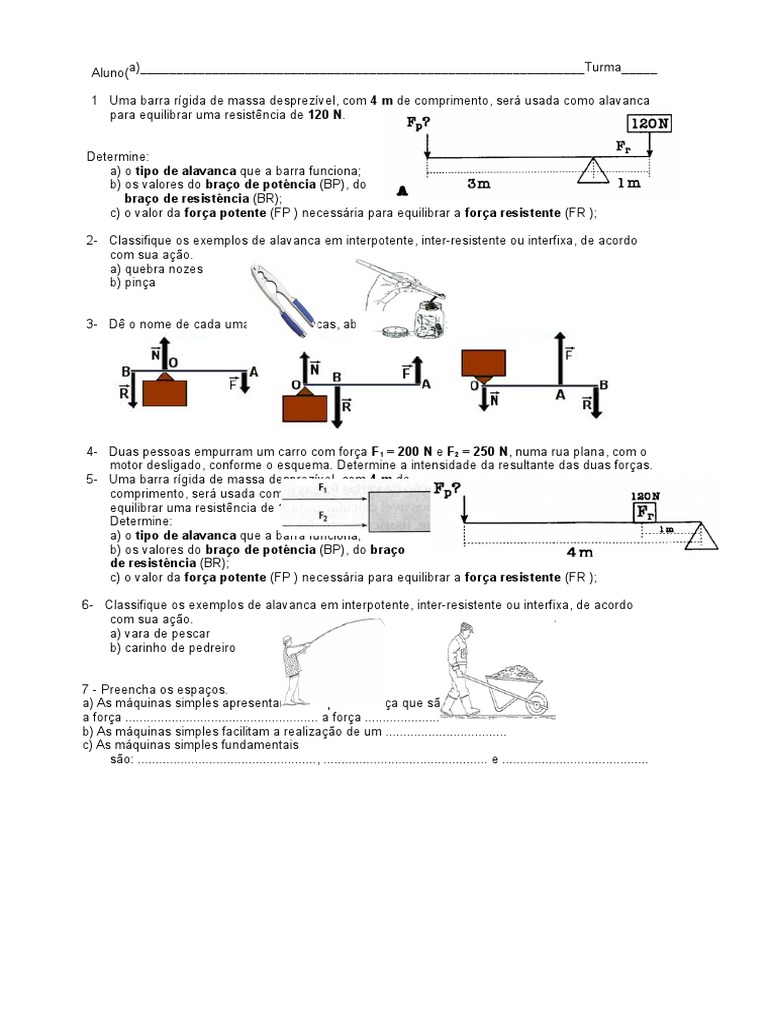 Exercícios sobre Alavancas e Máquinas Simples | PDF | Alavanca | Física