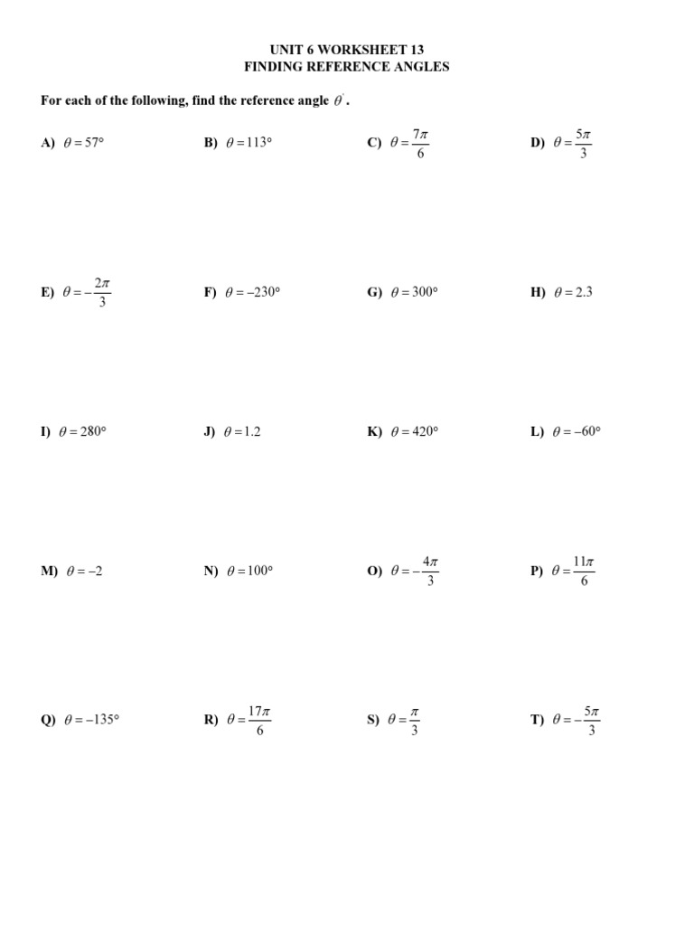 Unit 6 Worksheet 13 Reference Angles Unit 6 Worksheet 13 Reference Angles