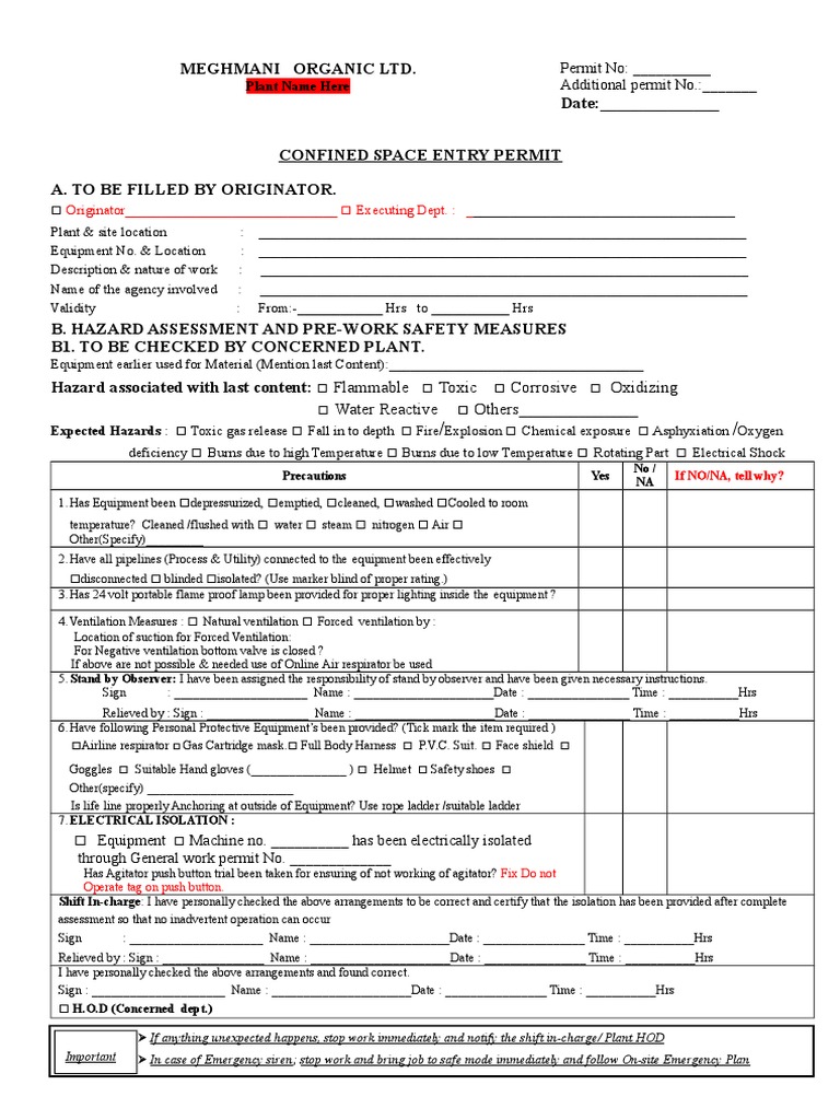 Confined Space Entry Permit Template | PDF | Ventilation (Architecture ...