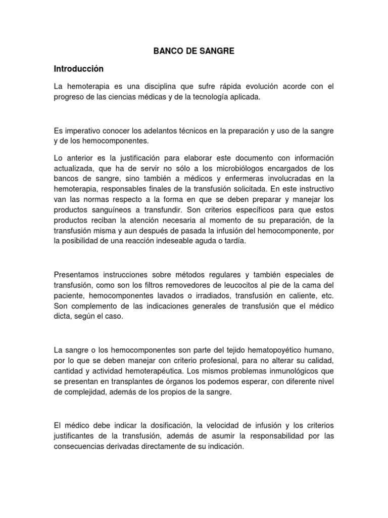 Banco de Sangre | PDF | Transfusión de sangre | Sangre