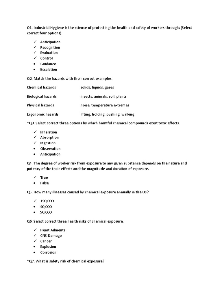 Industrial Hygiene Questions and Answers Occupational Hygiene Toxicity