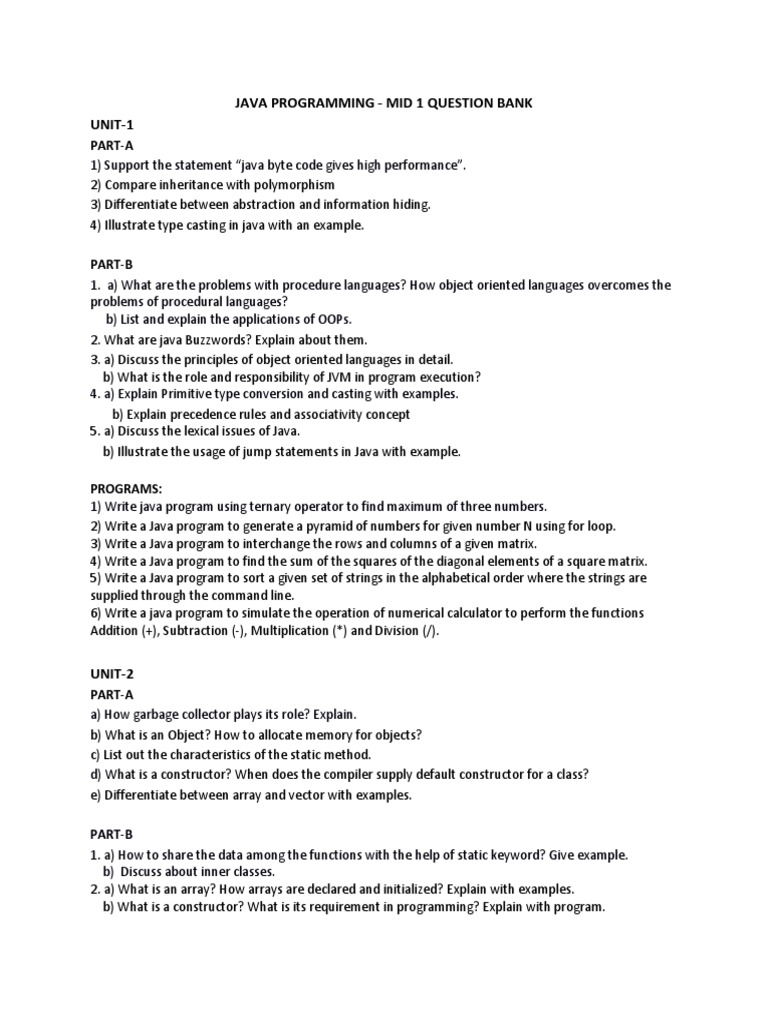 Java Programming - Mid 1 Question Bank UNIT-1: Part-A | PDF | Method ...