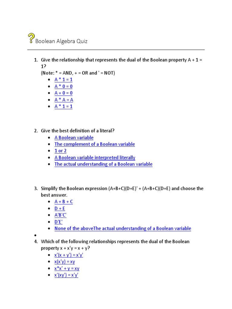 Boolean Algebra Quiz