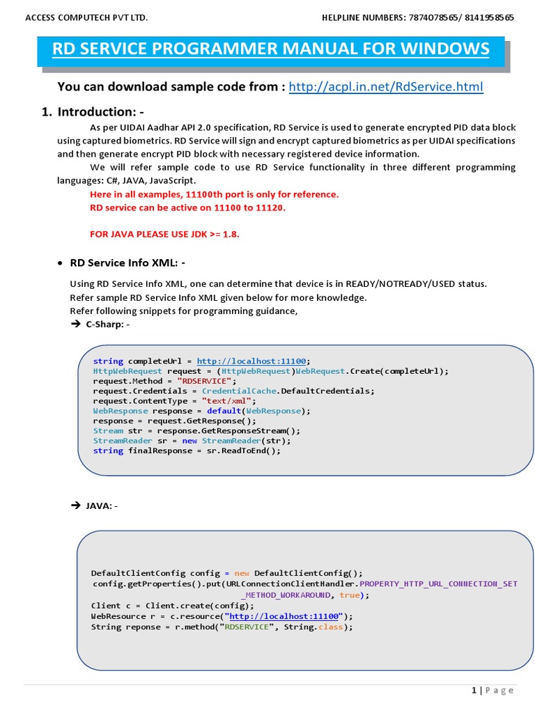 RD Service Programmer Manual For Windows: You Can Download Sample Code ...