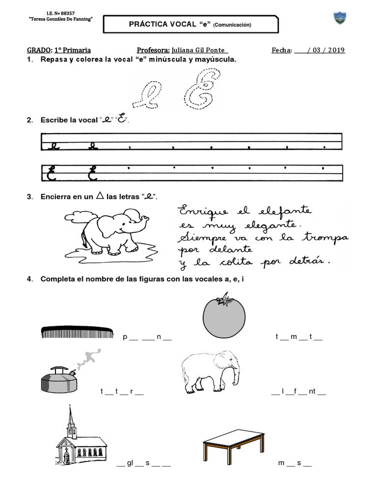 Actividades de la Vocal E para 1° Primaria | PDF | Artes del Lenguaje y ...