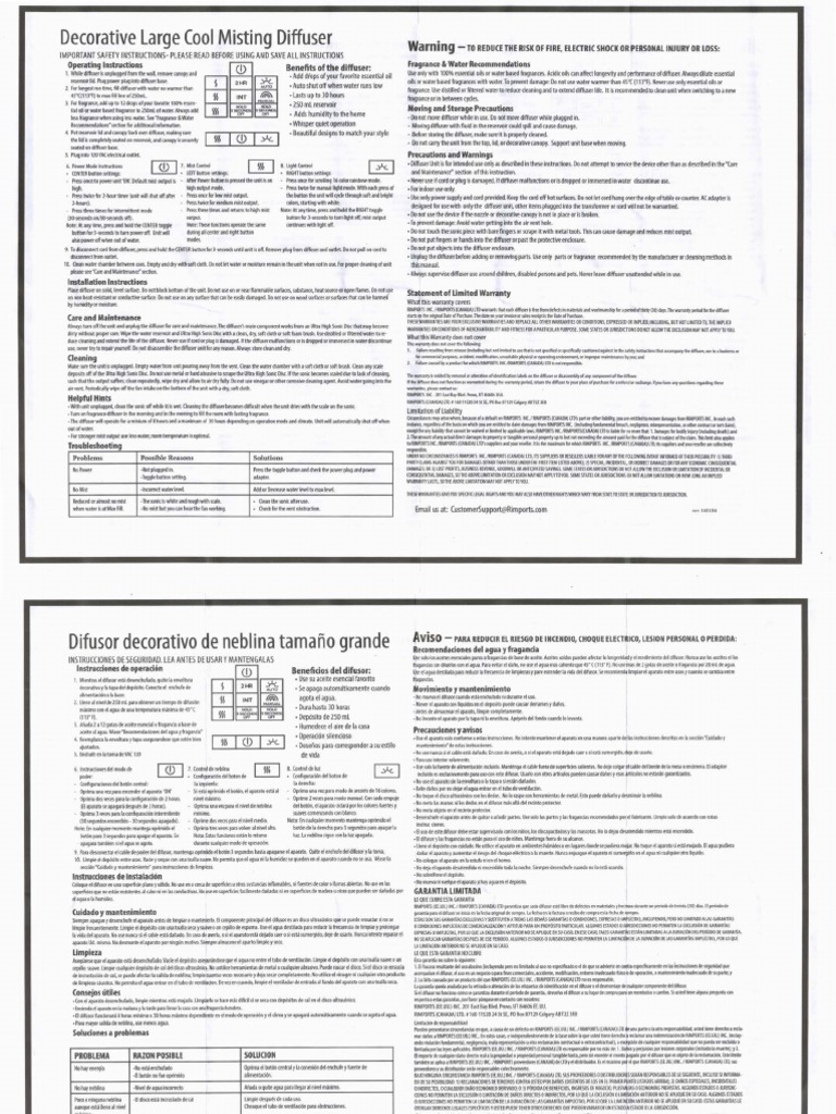 Cool Mist Diffuser Operating Instructions | PDF | Damages | Water