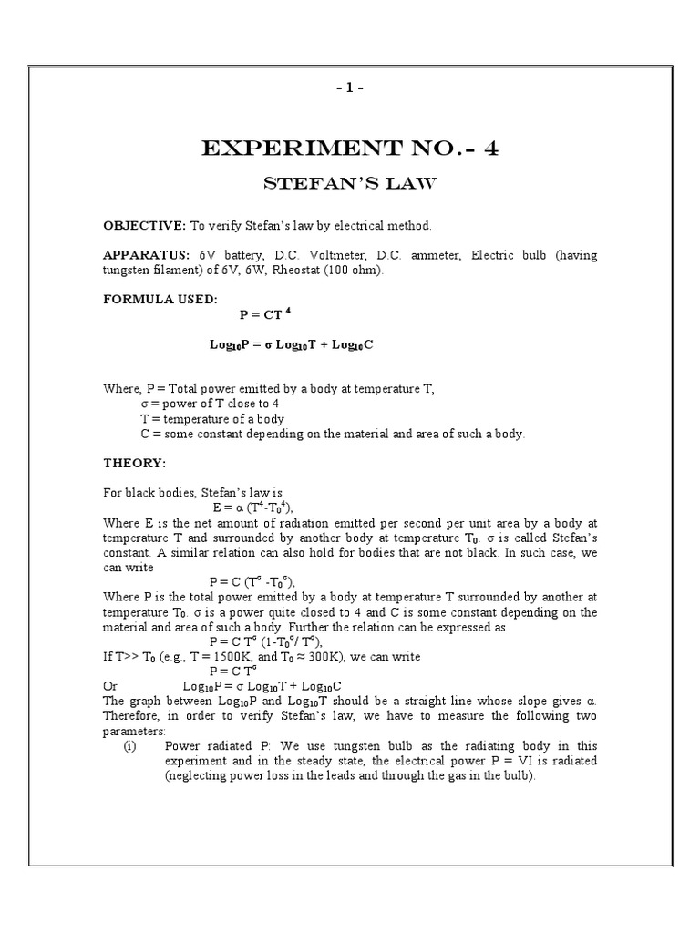 Experiment No.4 Stefan'S Law PDF Incandescent Light Bulb Volt