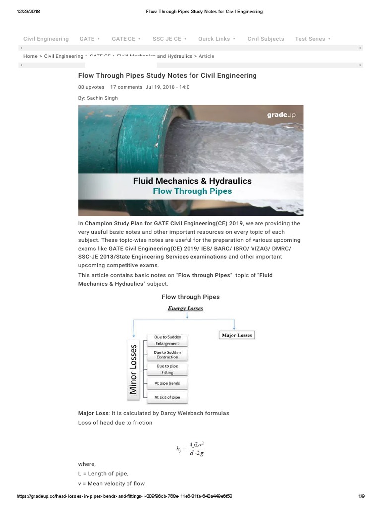 Flow Through Pipes Study Notes for Civil Engineering Major and Minor