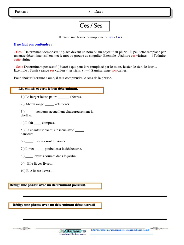 Exercices Homophones Ces Ses à Imprimer Ces Et Ses Fiche Pedagogique - 114429 | PDF