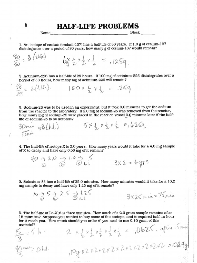 Half Life Problems Worksheet