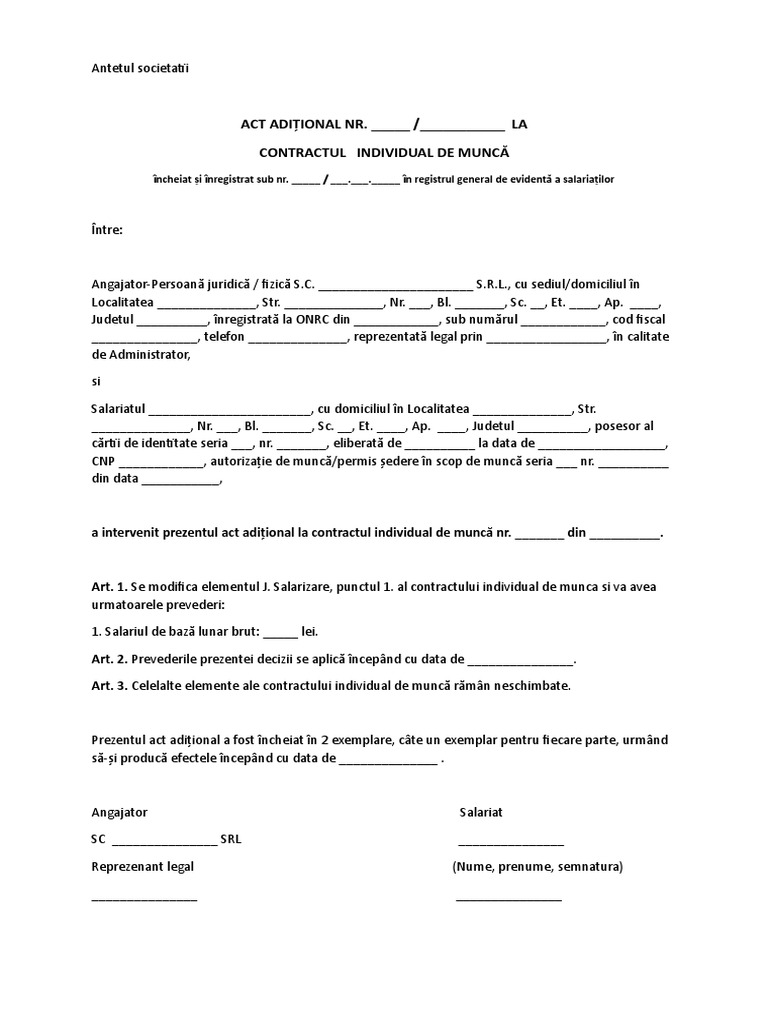 Model Act Aditional Contract de Munca Majorare Salariu | PDF