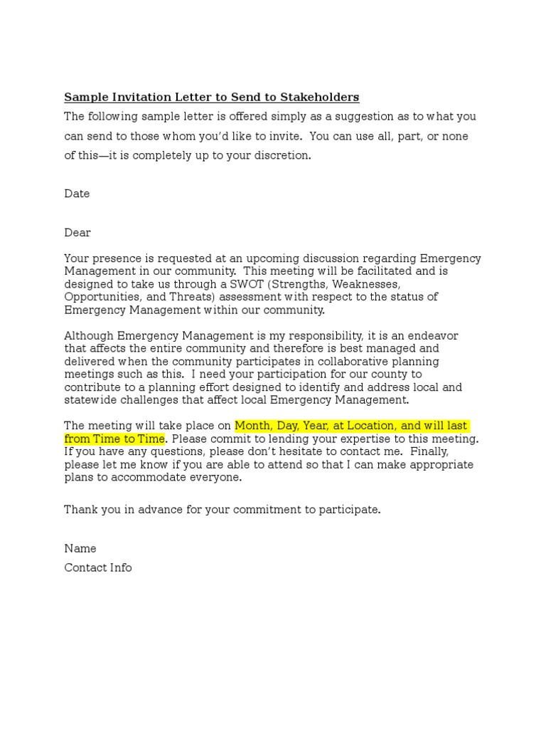 Sample Invitation Letter To Send To Stakeholders PDF