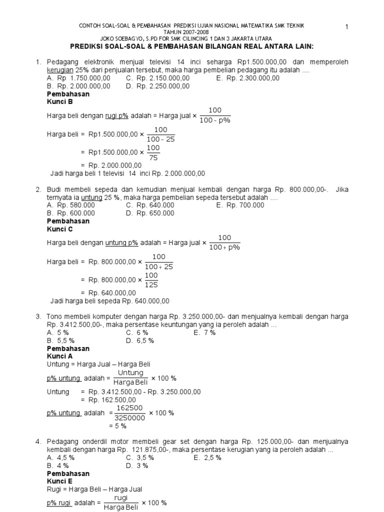 Contoh Prediksi Soal Soal Pembahasan Un Mat Smk Tek 2007 2008 Bagian 1