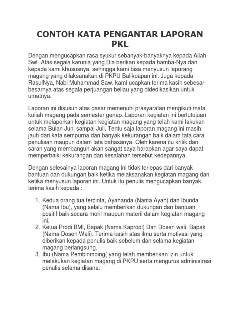 Contoh Kata Pengantar Laporan Pkl Docx