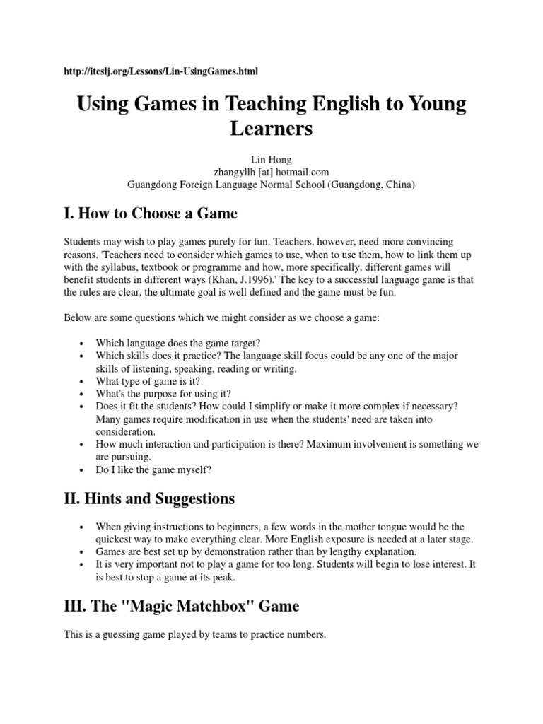 Games for Teaching English to Kids | PDF | Applied Psychology ...