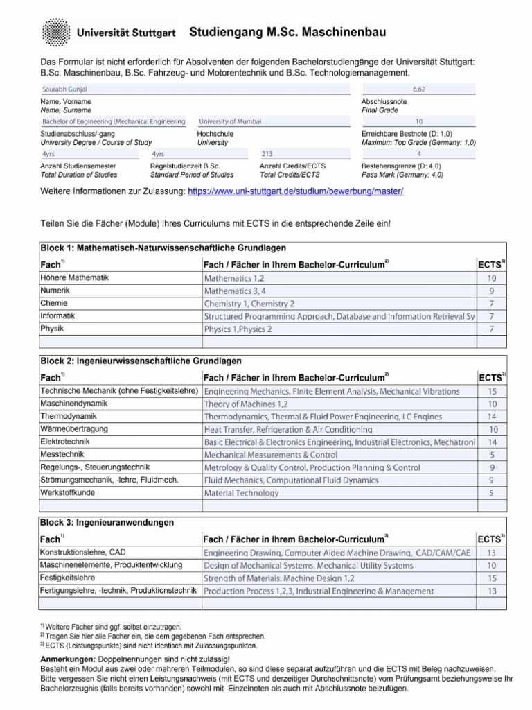 Stuttgart Course Credits