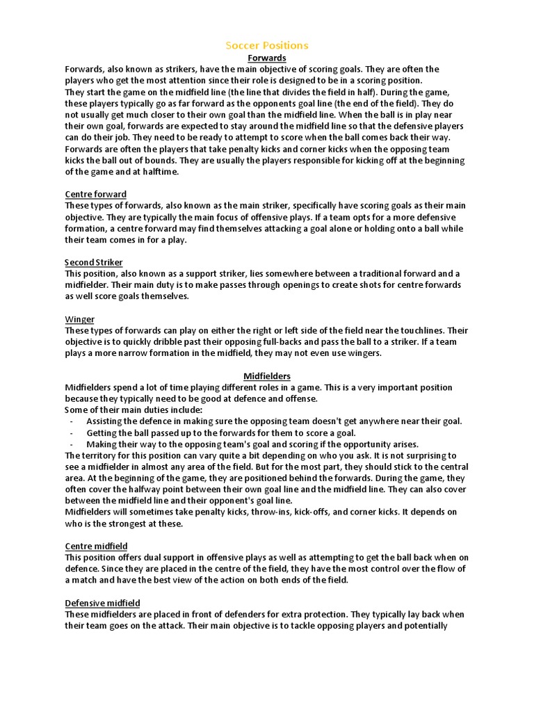 Soccer Positions | PDF | Defender (Association Football) | Forward