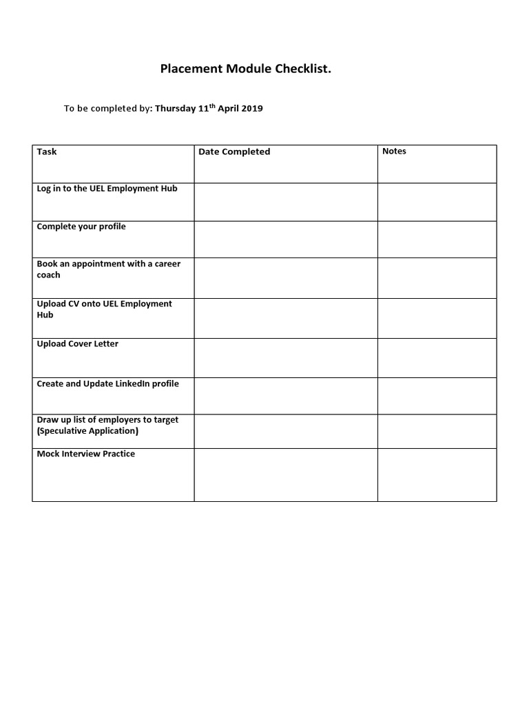Work Placement Checklist Pdf Labour Employment