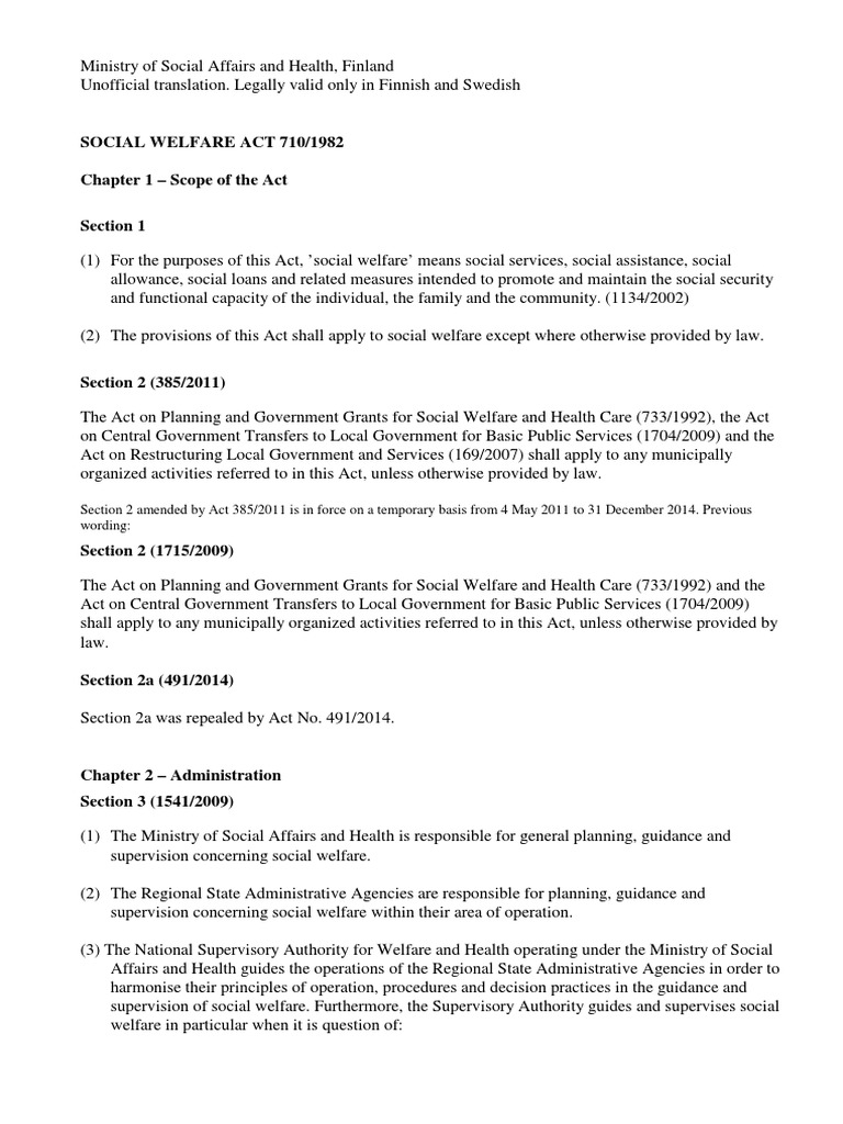Social Welfare Act 710/1982 Chapter 1 Scope of The Act PDF Home