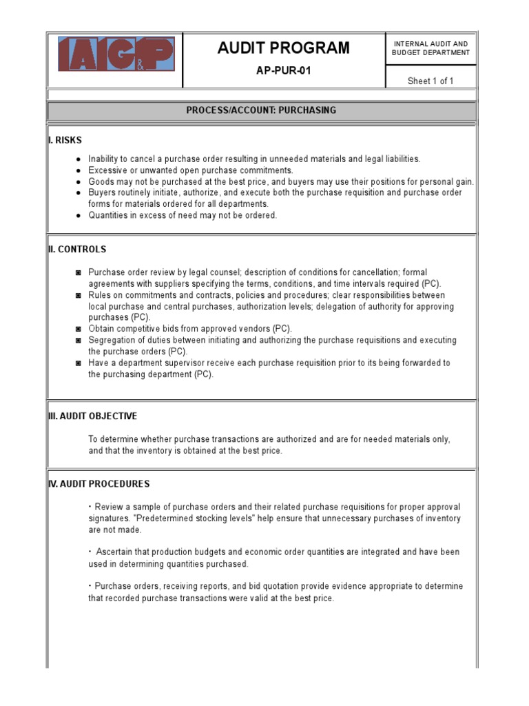 Audit Program PURCH 01.28.11 | PDF | Audit | Forecasting