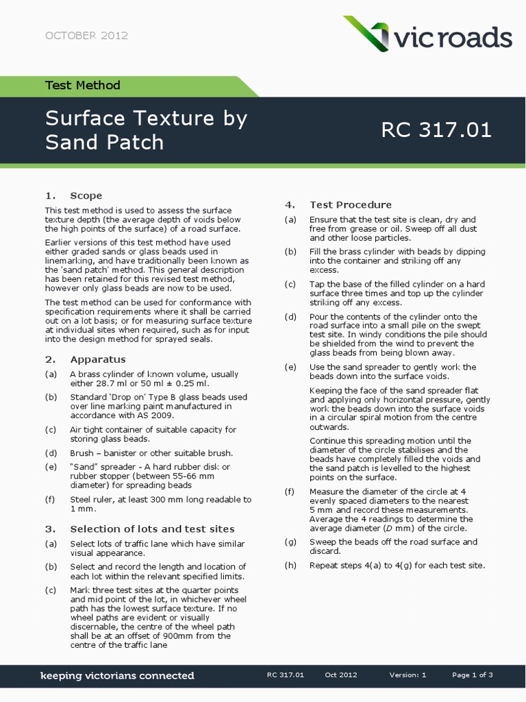 Surface Texture Assessment by Sand Patch | PDF | Road | Sand