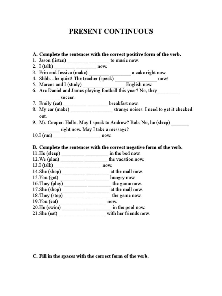 Present Continuous Exercises Worksheet | PDF | Leisure