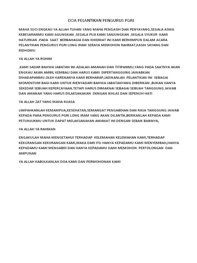 Doa Pelantikan Pengurus Pgri Docx
