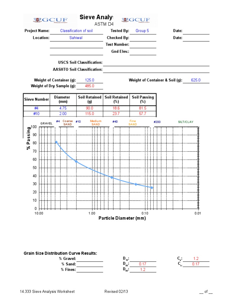 Sieve Analysis Data Sheet ASTM D42263 (2007) PDF Sand Silt