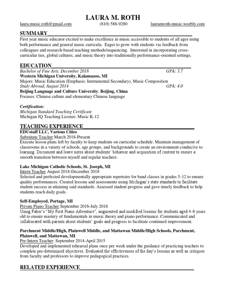 2019 Job Hunting Resume Template 1 Pdf Music Education Teachers