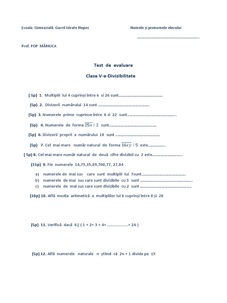 Test Divizibilitate Clasa A5a | PDF